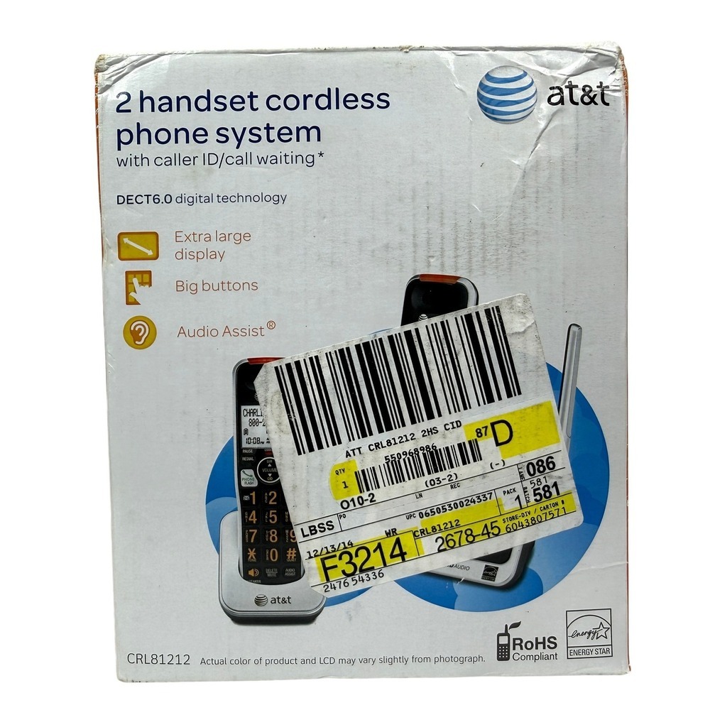 AT&T CRL81212 DECT 6.0 2 Handset Cordless Phone System Caller ID Big Buttons